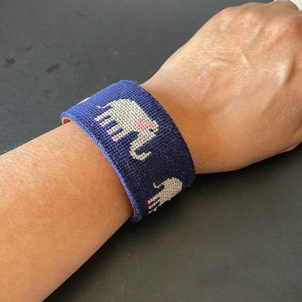 York Designs Blue Needle Point Elephants Wearable Art Cuff Bracelet. P